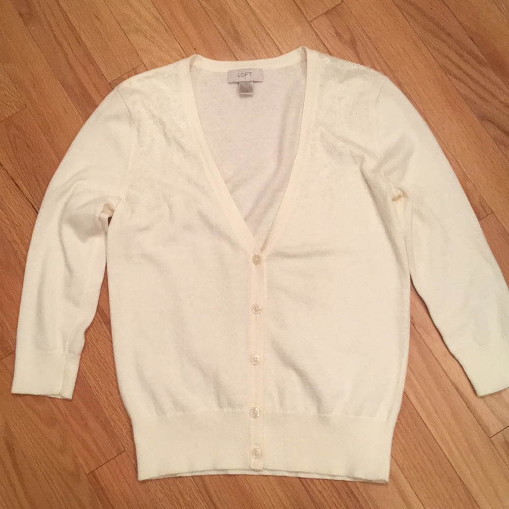 LOFT Cream Sequin 3/4 Sleeve Cardigan